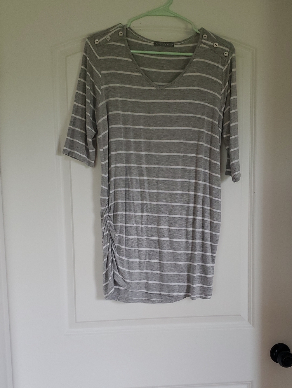 Loveappella Maternity Gray & White Striped Button-Shoulder Tunic